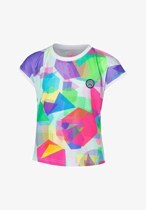 Camiseta de manga corta en una tela ligera y transpirable, con un patrón geométrico multicolor en tonos de rosa, verde, azul y púrpura.