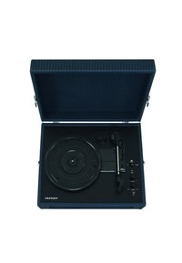 Portable turntable with a textured navy case, black record platter, and control knobs for power, volume, and playback features.