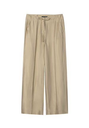 Beige wide-leg pants with an elastic waistband, drawstring tie, and side pockets, designed for casual wear.