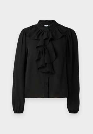 Blouse noire à manches longues, col froncé haut, et détail froncé sur le devant. Fabriquée à partir d'un tissu lisse et léger avec fermeture à boutons.