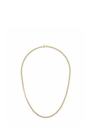 Collana a catena dorata con anelli ovali, caratterizzata da una superficie liscia e da una chiusura sicura per l'applicazione. Design semplice e sobrio.