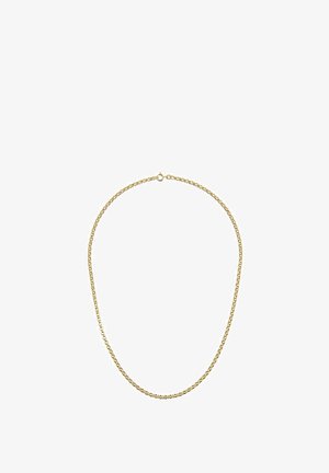 Gouden ketting met ovale schakels, voorzien van een glad oppervlak en een veilige sluiting voor bevestiging. Eenvoudig en onopvallend ontwerp.