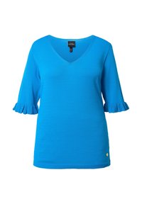 V-Ausschnitt, kurzärmliges Oberteil in leuchtendem Blau mit Rüschendetails an den Ärmeln. Glatte Stricktextur und kleines Logodetail am Saum.