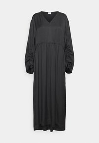 Schwarzes, langärmliges Kleid mit V-Ausschnitt und gerafften Details an den Ärmeln. Hergestellt aus einem glatten Stoff mit lockerer Passform und knöchellanger Länge.