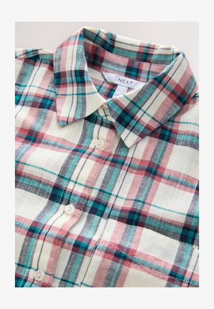 Skjorte med knapper og ternet mønster i en blanding af pink, blå og grøn på en cremefarvet baggrund; lavet af let stof med blød tekstur.