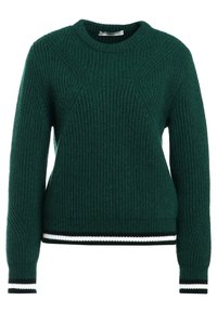 Pull-over en maille côtelée verte avec des motifs texturés, col rond et finition à rayures noires et blanches sur l'ourlet et les poignets.