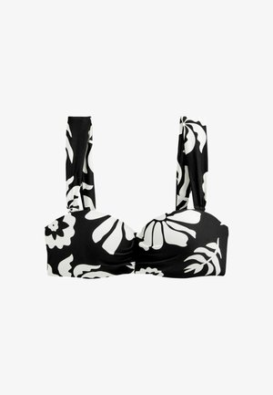 Bikini noir avec motif floral blanc, doté de larges bretelles et de tissu froncé à l'avant. Fabriqué en matériau lisse et extensible.