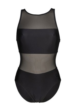 Maillot de bain noir une pièce avec un col montant et des panneaux en mesh transparent à la taille. Tissu lisse, silhouette ajustée et design minimaliste.