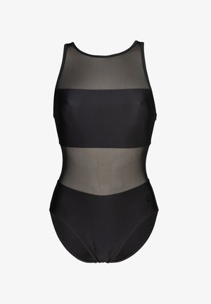 Mustat yksiosaiset uimapuku korkealla kaula-aukolla ja läpinäkyvillä verkko-paneeleilla vyötäröllä. Sujuva kangas, istuva muotoilu ja minimalistinen design.
