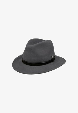 Dark gray felt fedora hat with a black band detail around the base of the crown, isolated on a white background.