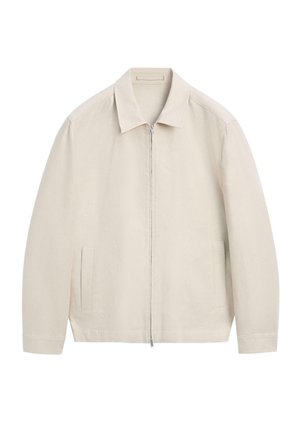 Hellbeige Reißverschlussjacke mit Kragen und langen Ärmeln, ausgestattet mit zwei vertikalen Fronttaschen und einem minimalistischen Design.