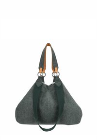 Borsa grigia in feltro con manici in tessuto verde e dettagli in pelle marrone, caratterizzata da una forma triangolare e particolari in metallo argentato.