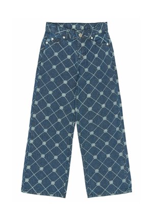 Denim culottes med en blå bund, der har et diamantmønster i lys blå og små blomsterdetaljer. Fem-lommede design med metalbeslag.