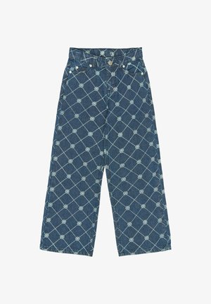 Denimowe kuloty o niebieskiej bazie, z diamentowym wzorem w jasnoniebieskim kolorze oraz małymi kwiatowymi akcentami. Pięć kieszeni z metalowymi detalami.