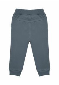 Szare bawełniane spodnie dresowe z elastycznym paskiem w talii i ściągaczami przy kostkach. Gładka faktura, bez widocznych wzorów czy charakterystycznych elementów metalowych.