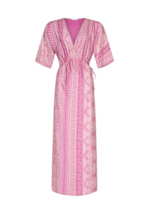 Pink patterned maxi dress with a deep V-neck, short sleeves, and a drawstring waist. Features floral and striped design elements.