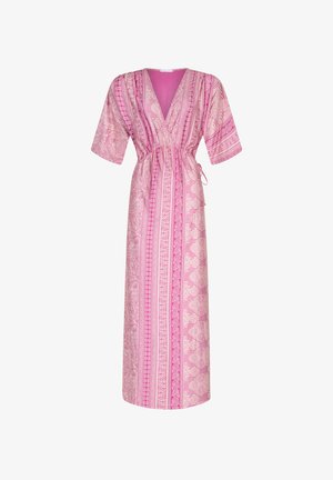 Rosa gemustertes Maxikleid mit tiefem V-Ausschnitt, kurzen Ärmeln und Kordelzug in der Taille. Verziert mit floralen und gestreiften Design-Elementen.