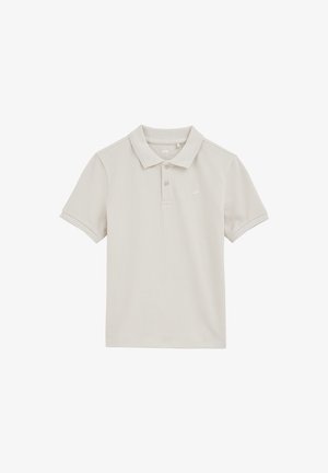 Bézs színű póló texturált anyagból, gallérral és háromgombos patenttal. A bal mellrészen apró hímzett logó található.