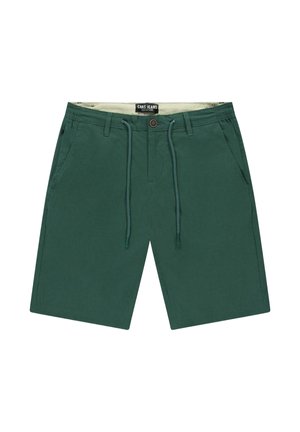 Donkergroene casual shorts met voorzakken, een knoop- en ritsluiting, en een verstelbare trekkoord tailleband.