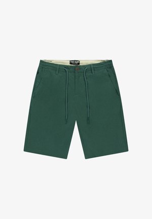 Donkergroene casual shorts met voorzakken, een knoop- en ritsluiting, en een verstelbare trekkoord tailleband.