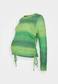 Sweater de maternidade em malha verde com padrão ombré, mangas longas e cordões ajustáveis na bainha inferior. Textura suave.