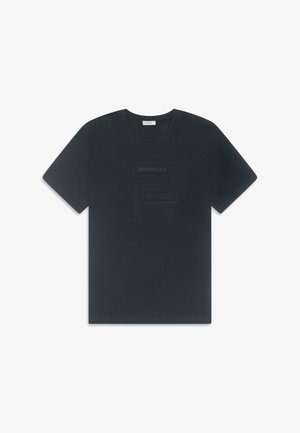 Maglietta nera a maniche corte in cotone, con logo goffrato opaco sulla parte anteriore, colletto rotondo e vestibilità standard.