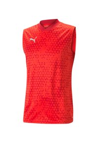 Maglietta sportiva rossa senza maniche con un motivo a triangolo sfumato e colletto girocollo. Presenta un logo Puma bianco in basso a sinistra.