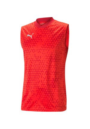 Rode mouwloze sportshirt met een gradiënt driehoekpatroon en een ronde hals. Bevat een wit Puma-logo op de linker voorkant.