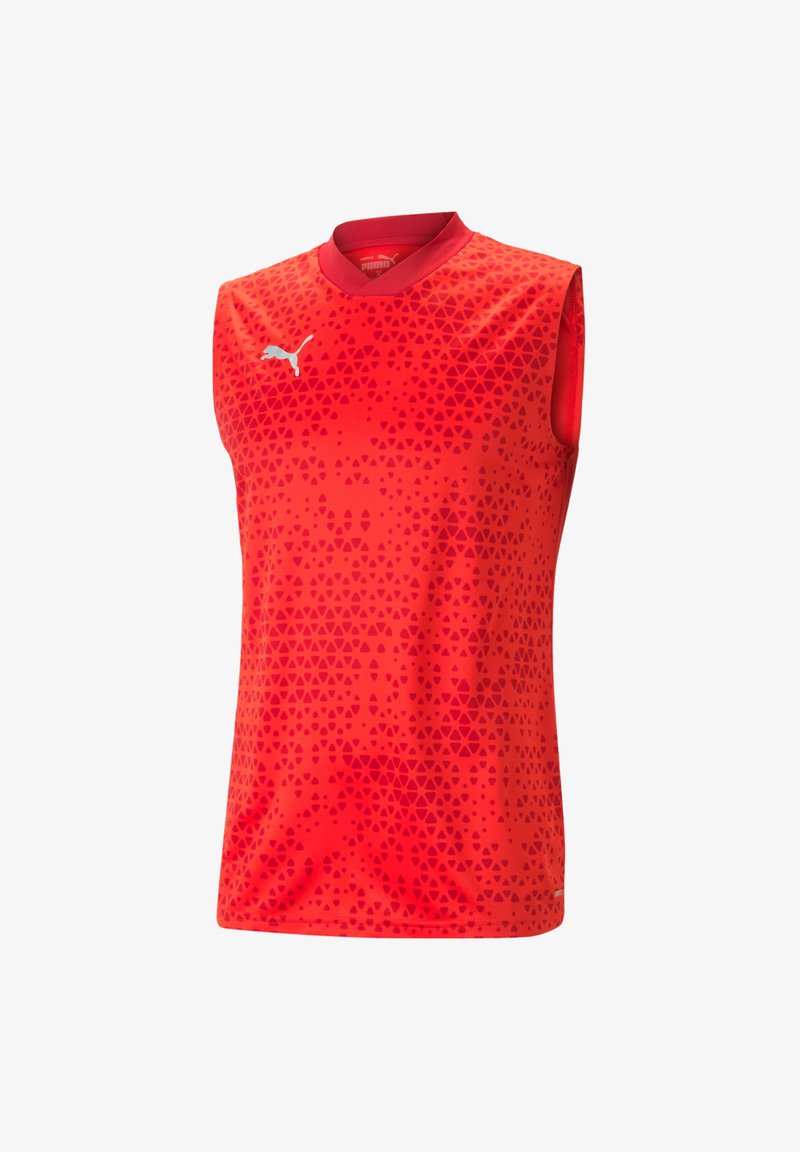 Rode mouwloze sportshirt met een gradiënt driehoekpatroon en een ronde hals. Bevat een wit Puma-logo op de linker voorkant.