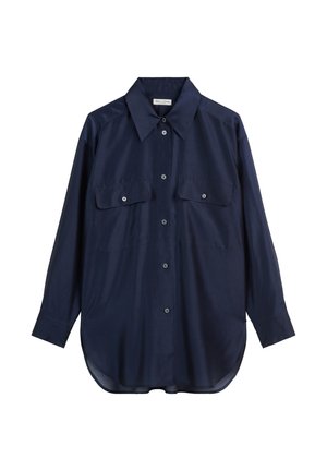 Hemd in Marineblau aus glattem Stoff mit einer Knopfleiste, spitzem Kragen und zwei Brusttaschen. Verfügt über lange Ärmel und einen abgerundeten Saum.