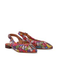 Colorful slingback shoes with a pointed toe, patterned with geometric designs in pink, yellow, blue, and purple. Brown leather accents.