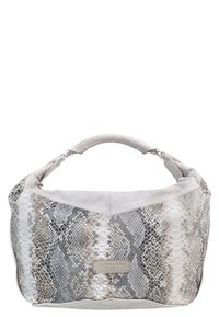 Hobo bag featuring a snakeskin pattern in shades of gray and silver, with a soft suede trim and a rounded handle.