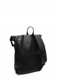 Black leather backpack with a textured design, adjustable straps, and a top handle; features a zippered front pocket and sleek lines.