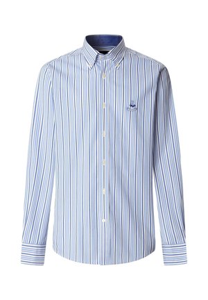 Camicia da uomo a maniche lunghe con bottoni, a righe verticali bianche e blu e piccolo logo ricamato sul petto.