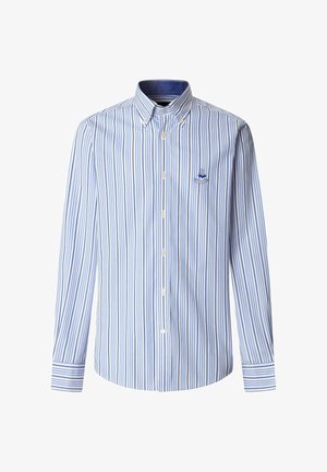 Herrenhemd mit langen Ärmeln, Knopfleiste, weißen und blauen vertikalen Streifen und kleinem gesticktem Logo auf der Brust.