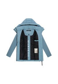 Light blue puffer jacket featuring a black interior, zip and snap closures, and multiple pockets. Large logo printed inside.