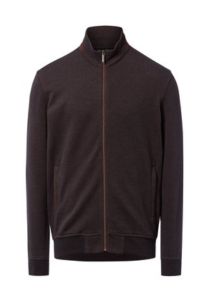 Dunkelbraune Fleecejacke mit Reißverschluss, Stehkragen, Fronttaschen sowie gerippten Bündchen und Saum.