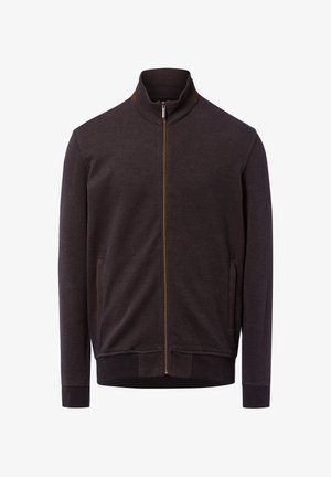Dark brown zip-up fleece jacket with stand collar, front pockets, and ribbed cuffs and hem.