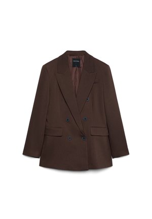 Brauner Doppelreiher-Blazer mit breiten Revers, schwarzen Knöpfen, vorderen Klappentaschen und einem gestreiften Innenfutter.