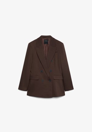 Brauner Doppelreiher-Blazer mit breiten Revers, schwarzen Knöpfen, vorderen Klappentaschen und einem gestreiften Innenfutter.