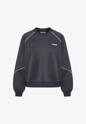 Ciemnoszara bluza wykonana z miękkiego materiału, z białymi lamówkami, okrągłym dekoltem i lekko bufkowatymi długimi rękawami.