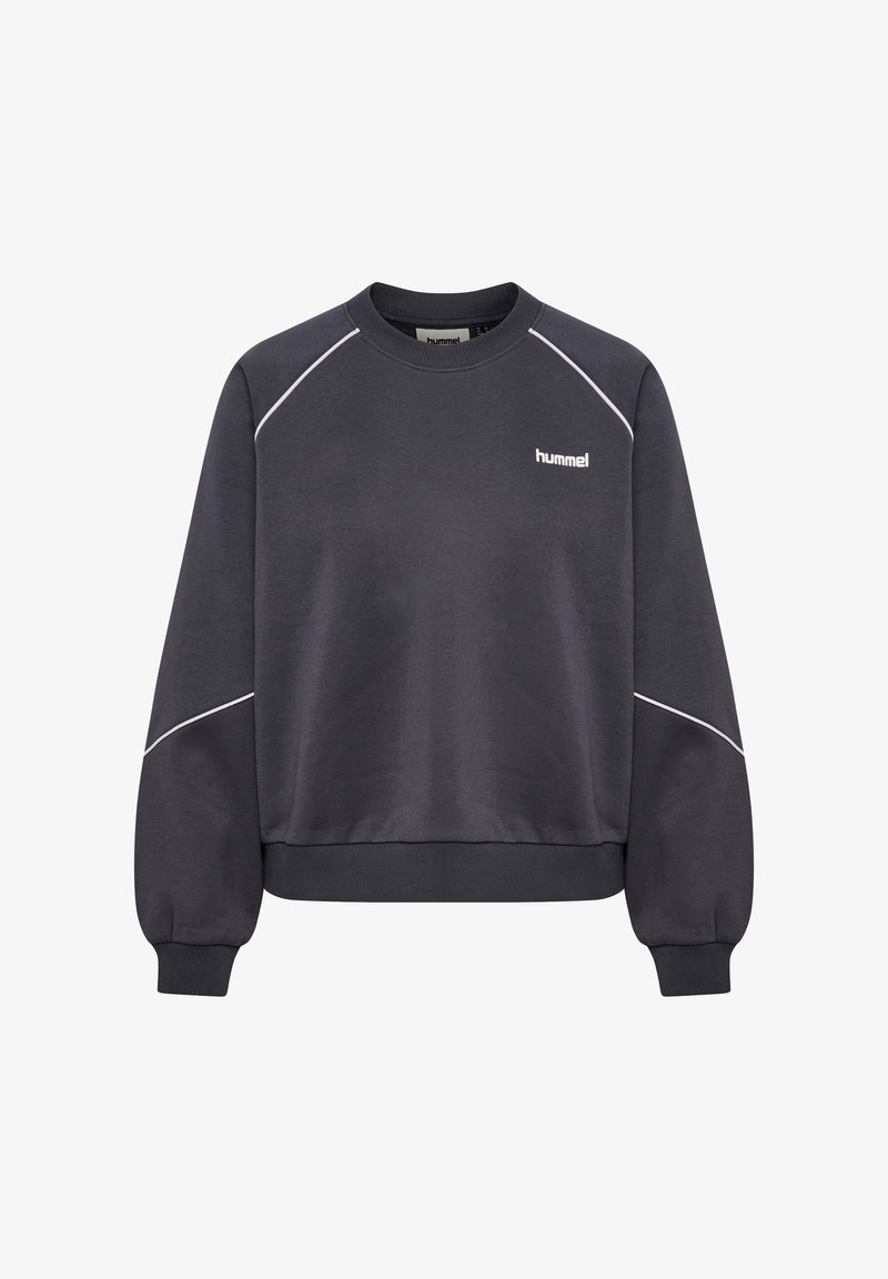 Ciemnoszara bluza wykonana z miękkiego materiału, z białymi lamówkami, okrągłym dekoltem i lekko bufkowatymi długimi rękawami.