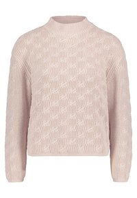 Helles rosa Strickpullover mit strukturiertem Zopfmuster, hohem Kragen und langen Ärmeln in lässiger Passform.