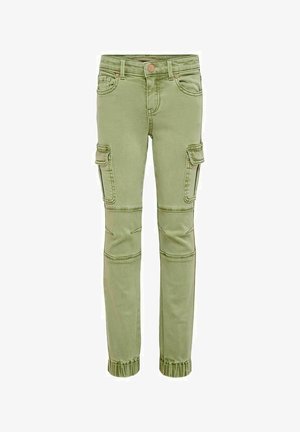 Zöld, pamut keverékből készült cargo nadrág, oldalán zsebekkel, elasztikus mandzsettákkal és klasszikus öt zsebes dizájnnal, gombbal záródik.