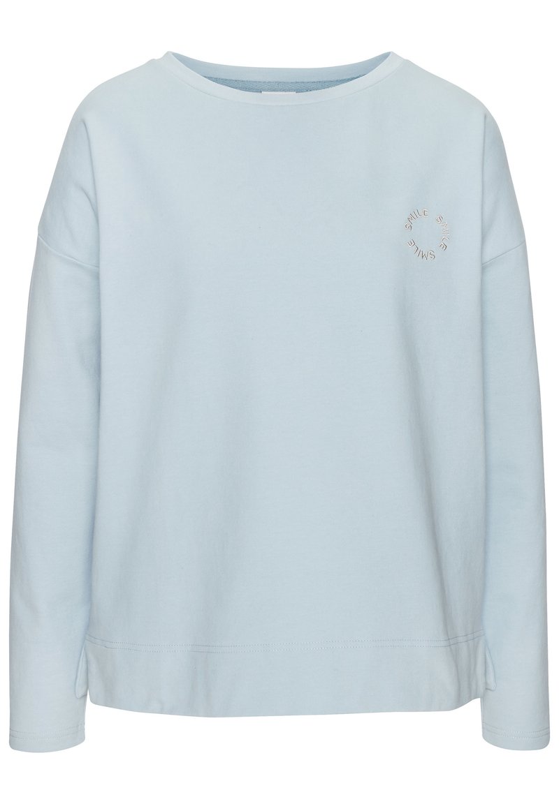 Sudadera azul claro de algodón, con mangas largas, un escote redondeado y un pequeño gráfico bordado de "SMILE" en la parte frontal.