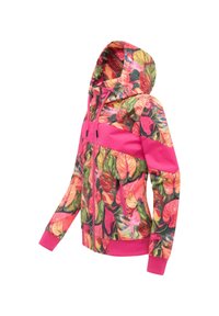 Hooded zip-up jacket with pink color block and multicolored tropical leaf pattern, ribbed cuffs, and front zipper pockets.