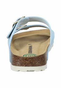 Sandalini azzurri con due cinturini regolabili, soletta in sughero e suola in gomma bianca. Design piatto e soletta testurizzata per il comfort.