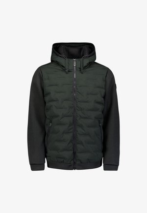 Donkergroene gewatteerde jas met zwarte gestructureerde mouwen en capuchon, met een ritssluiting aan de voorkant en ritszakken aan de zijkanten.