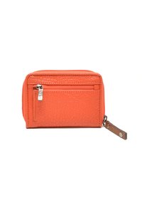 Oranje textuur portemonnee met een ritsvak en een zijriem. Bevat een zilveren ritssluiting en gedetailleerde stiksels. Compacter rechthoekige vorm.
