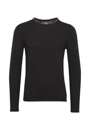 Fekete, hosszú ujjú póló, kerek nyakkivágással, könnyű anyagból készült. A nyakkivágásnál kontrasztos díszítés és testhez simuló fazon jellemzi.